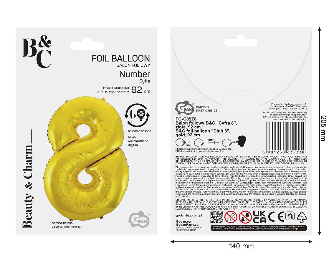 Foil balloon B&C digit 8, gold, 92 cm